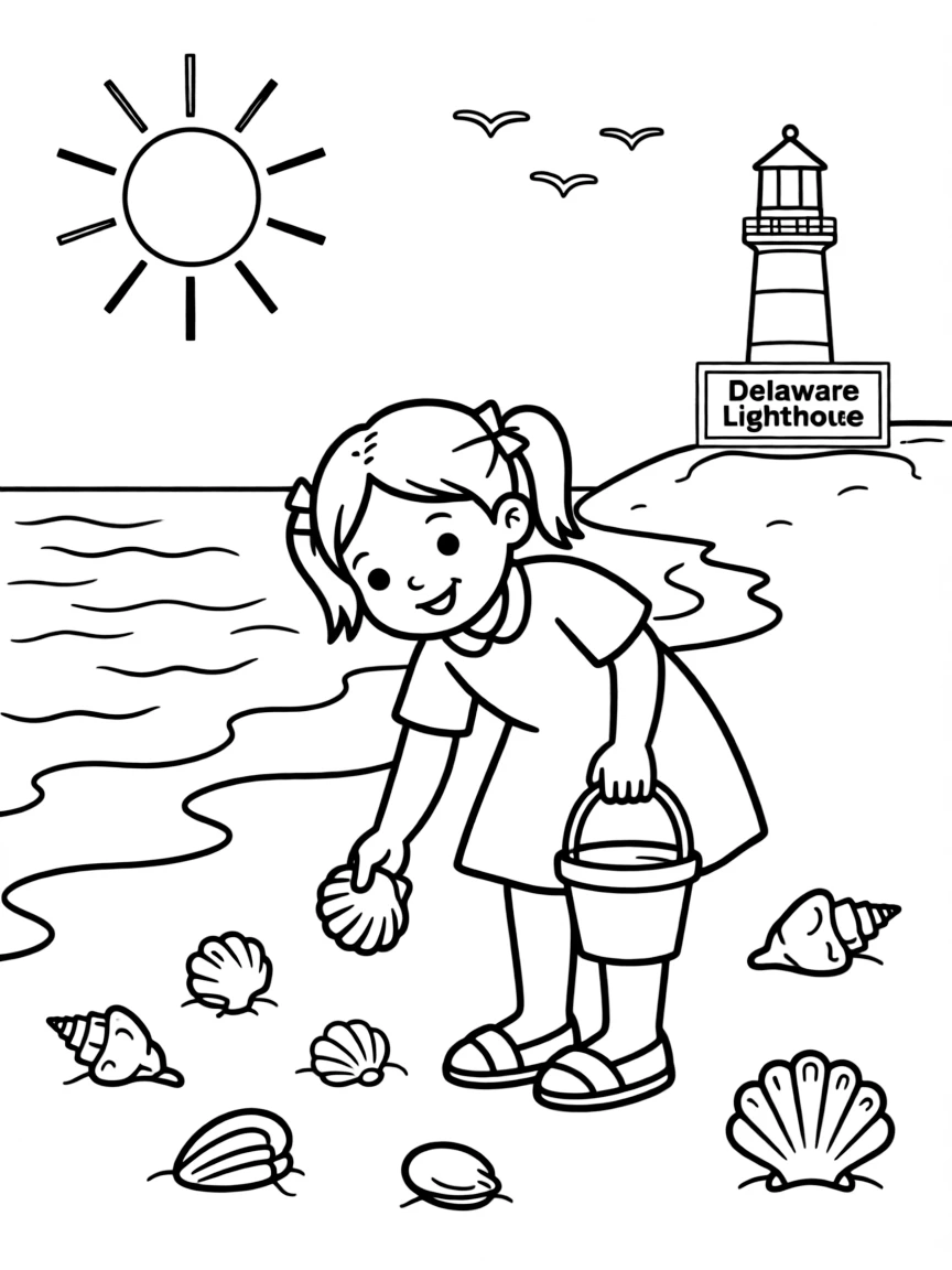A little girl collecting seashells on the beach in Delaware.