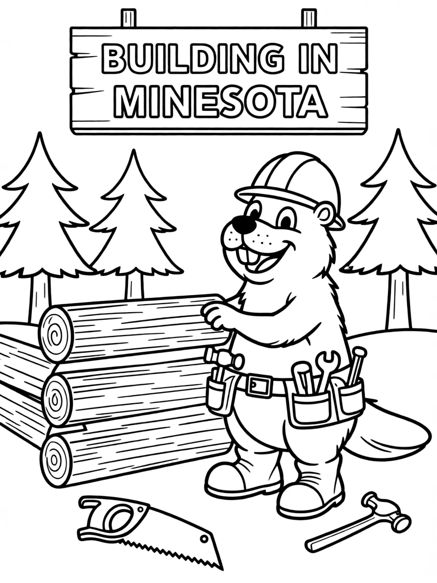 A happy beaver with a tool belt, building in Minnesota.