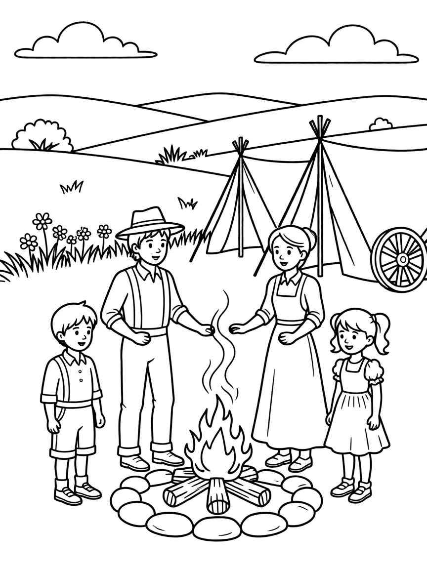 A brave pioneer family gathered around a campfire in Nebraska.