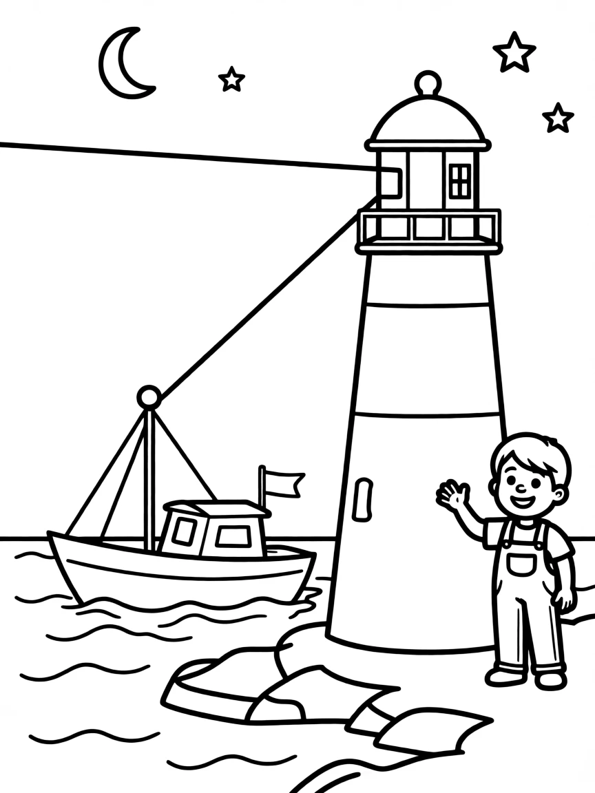A cute little lighthouse with a boat passing by at night in Rhode Island.