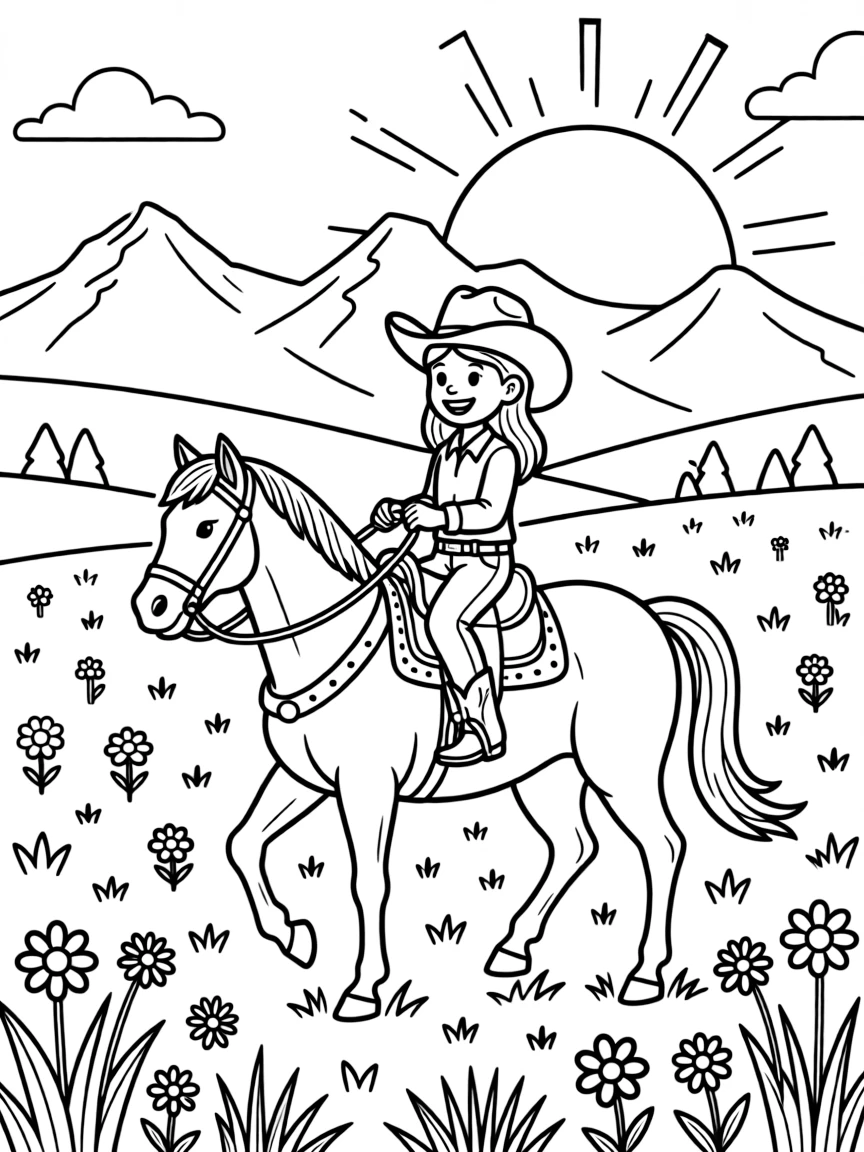 A happy cowgirl riding a horse across a field in Colorado.
