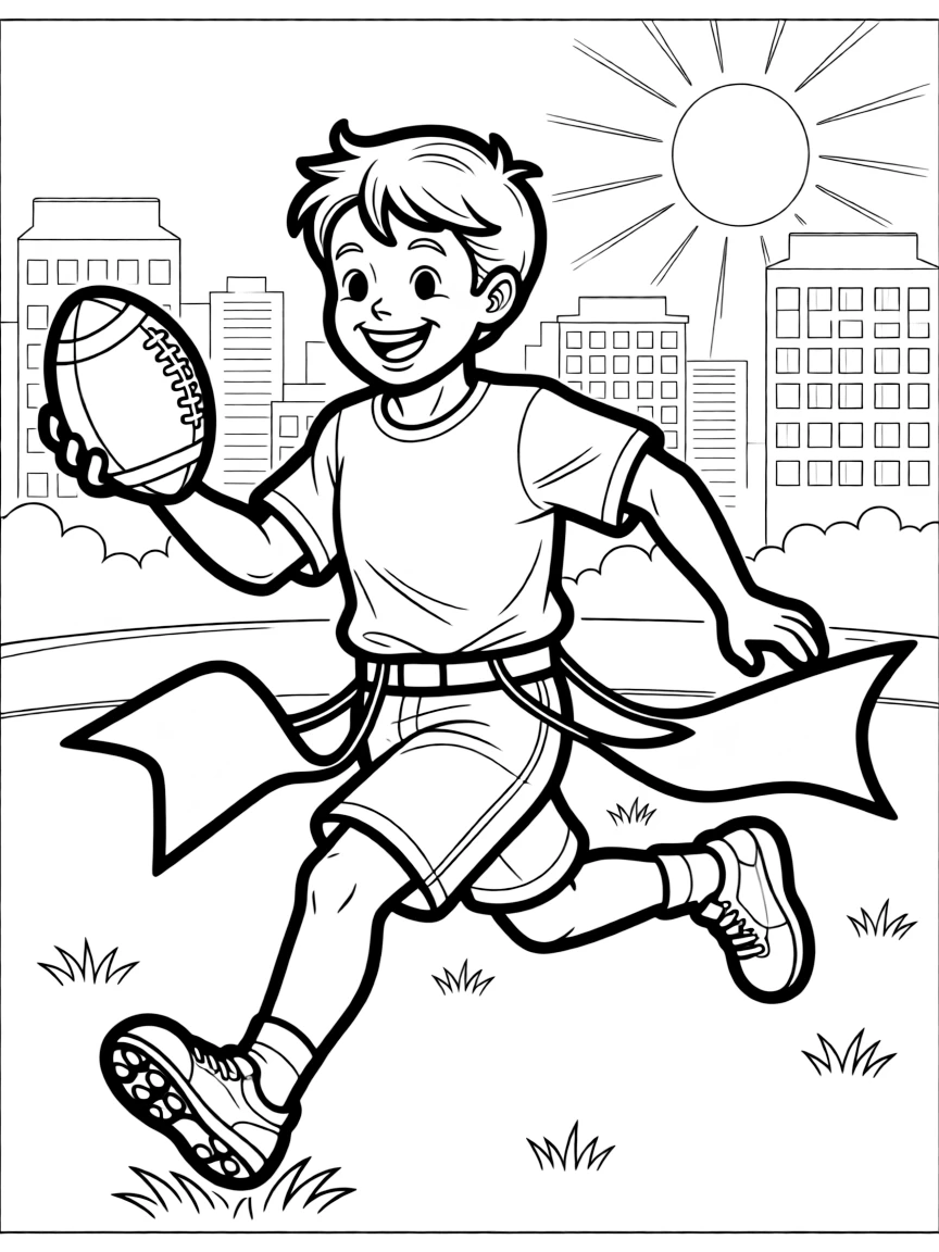 A cheerful little boy playing flag football in New Jersey.