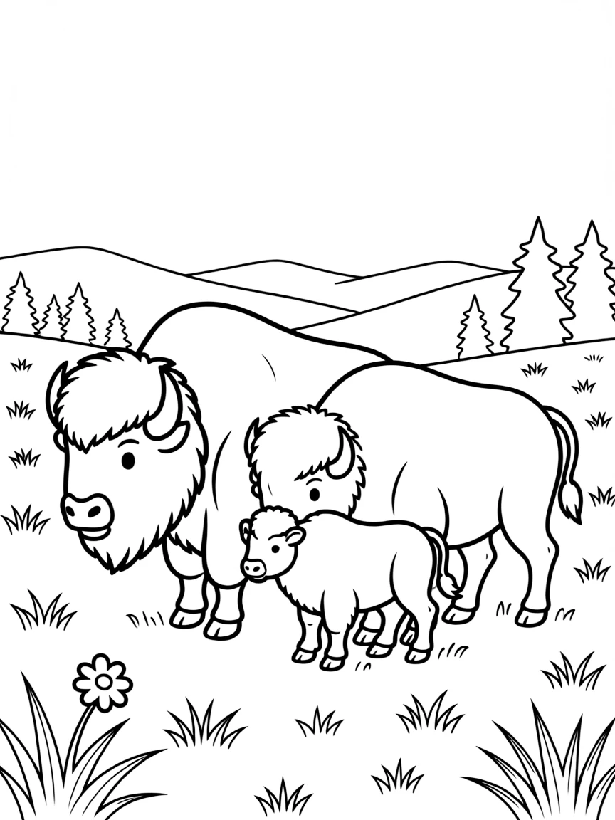 A bubbly bison family grazing in a field in Wyoming.