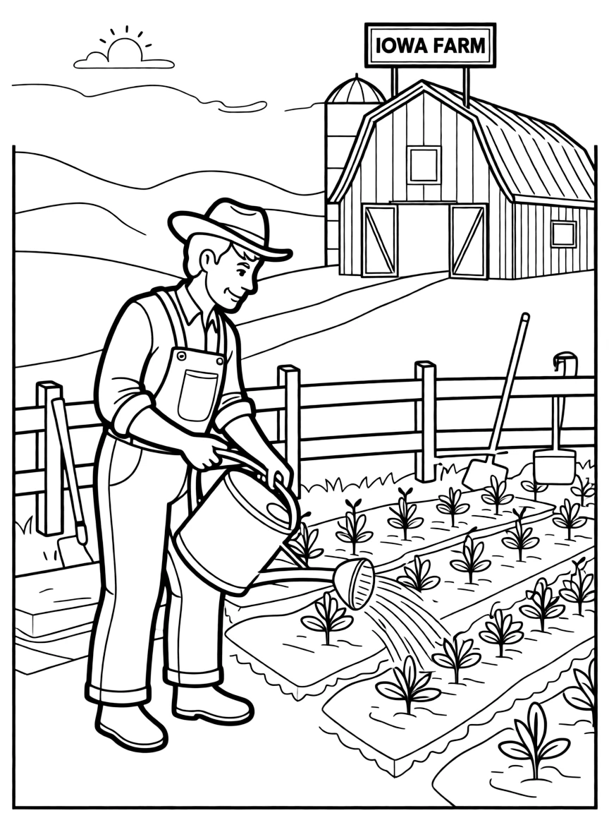 A busy farmer watering plants in Iowa.