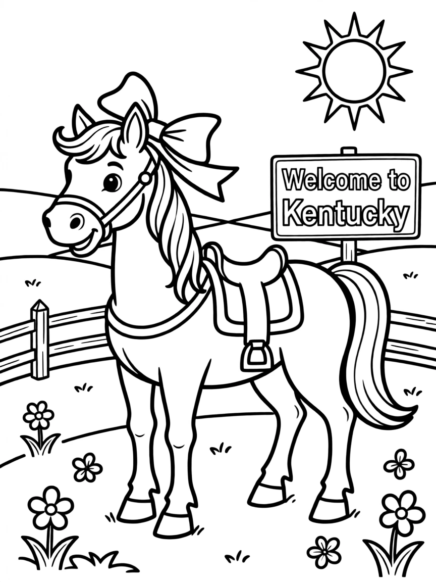 A happy horse with a ribbon in its mane in Kentucky.
