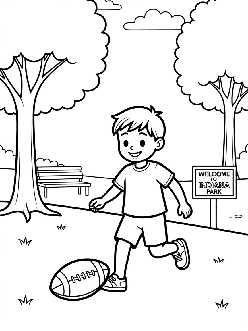 A cheerful little boy playing football in a park in Indiana.