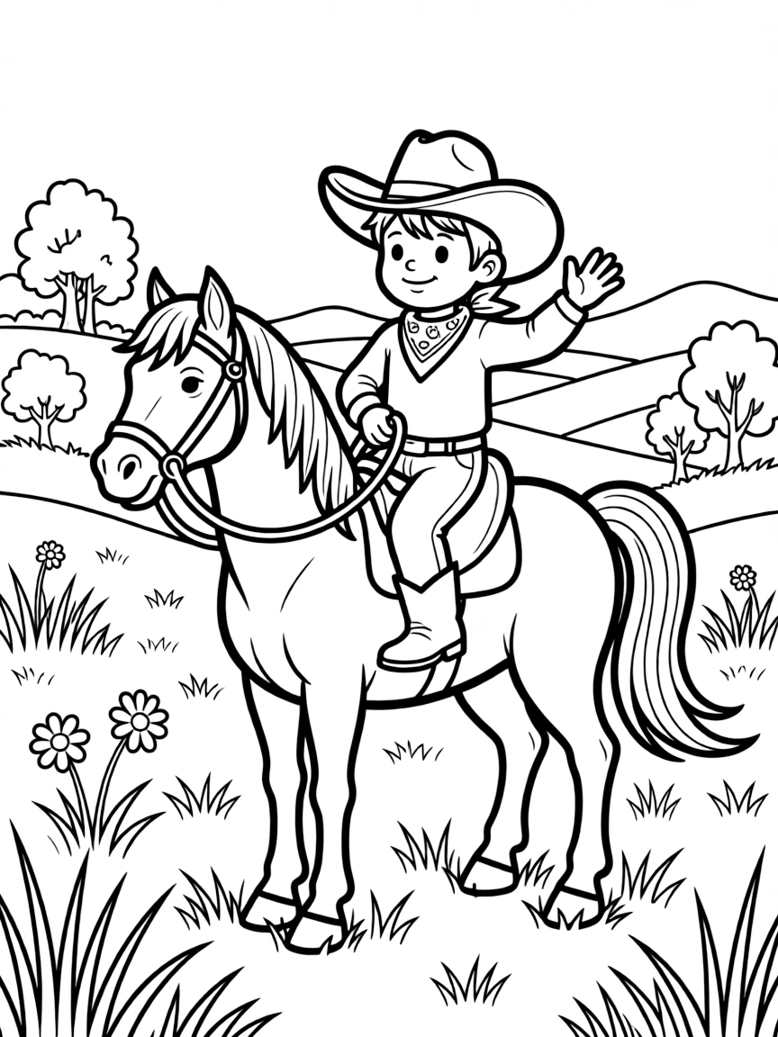 A tiny cowboy riding a horse in a field in South Dakota.