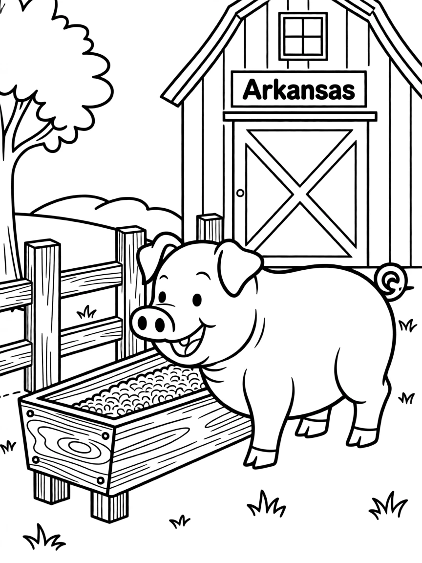 A happy pig eating from a trough in Arkansas.