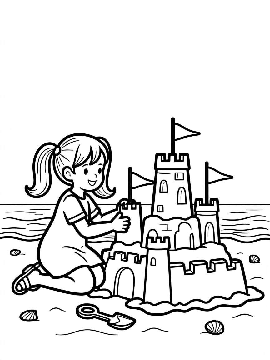 A little girl building a sandcastle with flags on top in Delaware.