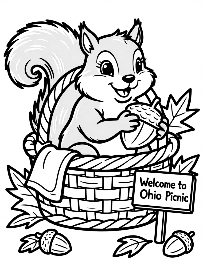 A friendly squirrel holding an acorn in a picnic basket in Ohio.