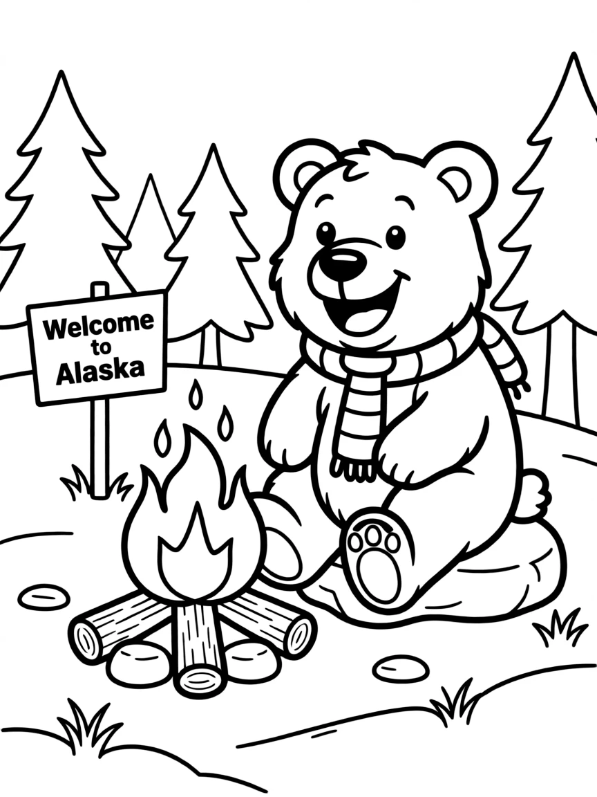 A happy bear sitting by a campfire in Alaska.