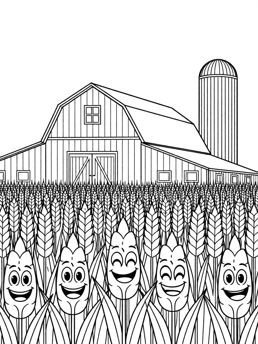 A smiling wheat field with a barn and silo in North Dakota.