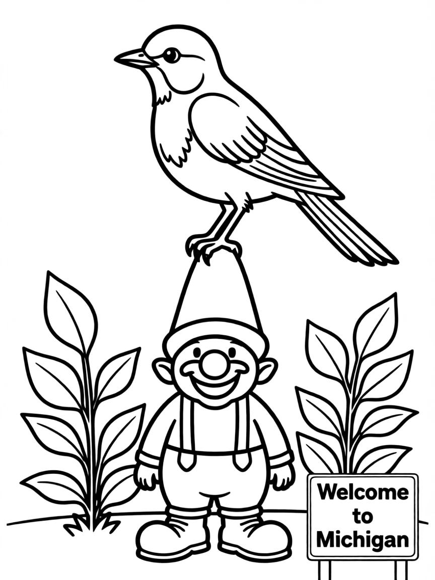 A friendly robin perched on a garden gnome in Michigan.