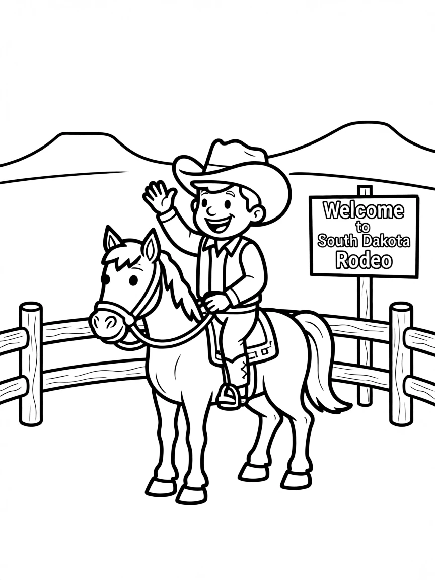 A tiny cowboy riding a horse in a rodeo, waving in South Dakota.