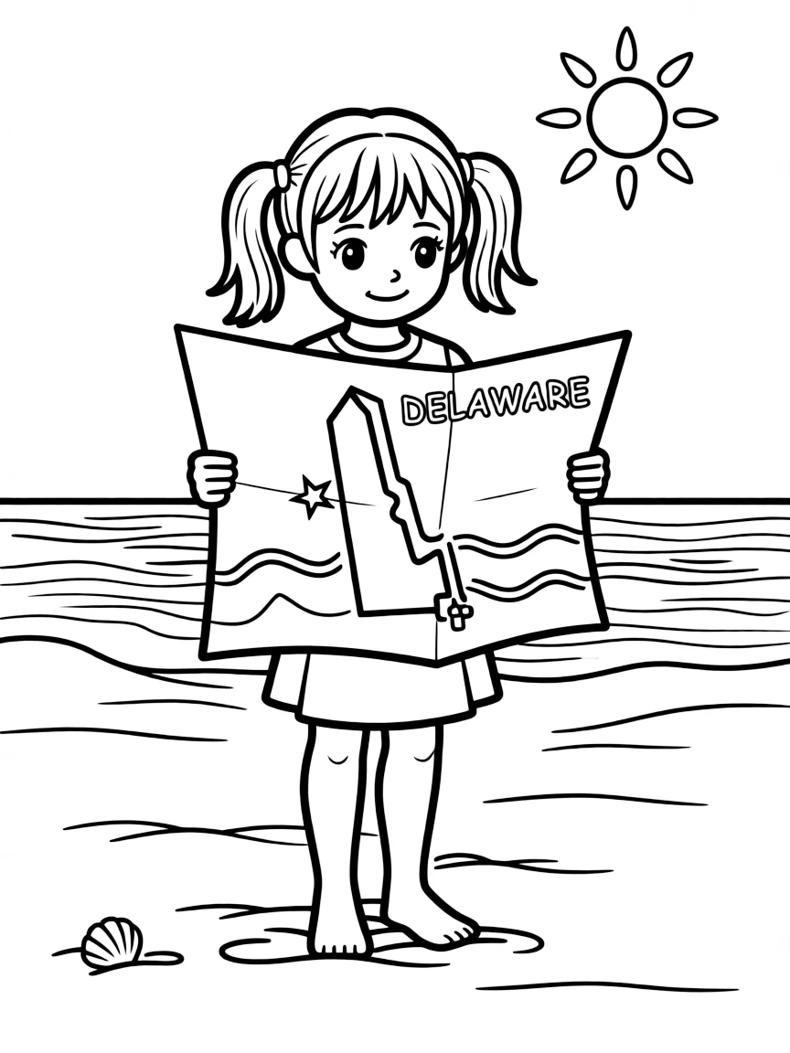 A little girl looking at a map of Delaware on the beach.