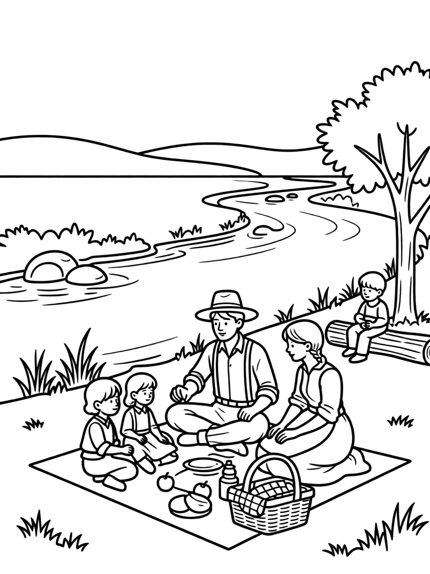 A brave pioneer family picnicking by a river in Nebraska.