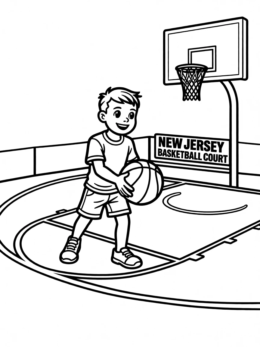 A cheerful little boy playing with a basketball on a court in New Jersey.