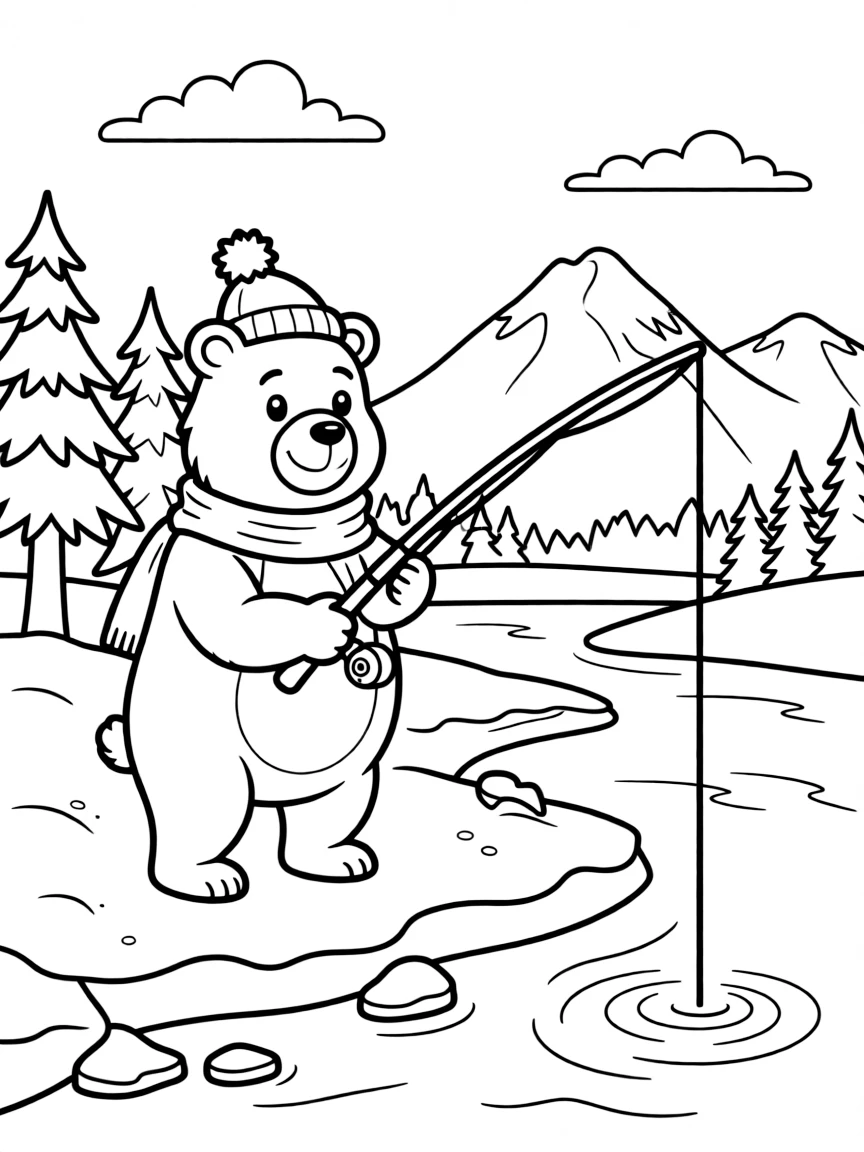 A happy bear fishing with a fishing rod in Alaska.