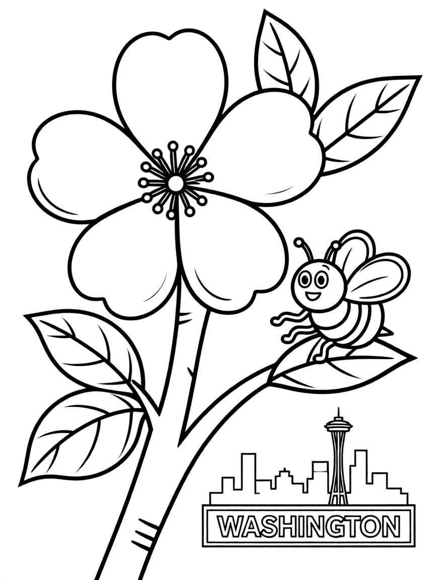 A cheerful apple blossom on a tree branch with a bee in Washington.