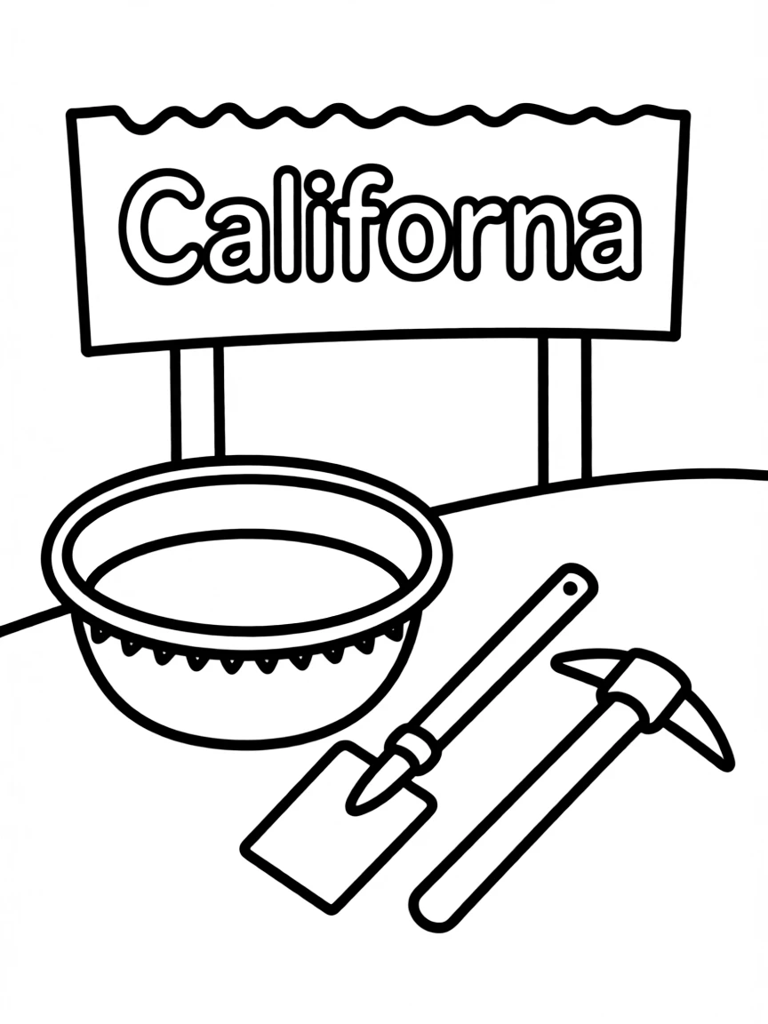 A tiny gold pan with a shovel and pickaxe in California.