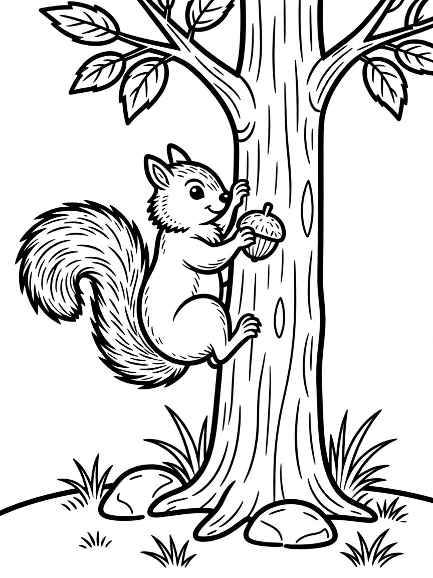 A playful squirrel climbing a tree with an acorn in North Carolina.
