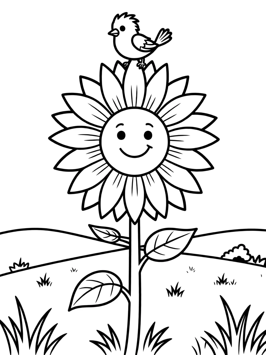 A cheerful sunflower with a little bird on its head in Kansas.