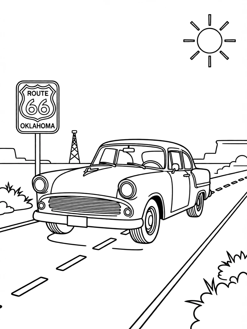 A cool classic car driving on Route 66 in Oklahoma.