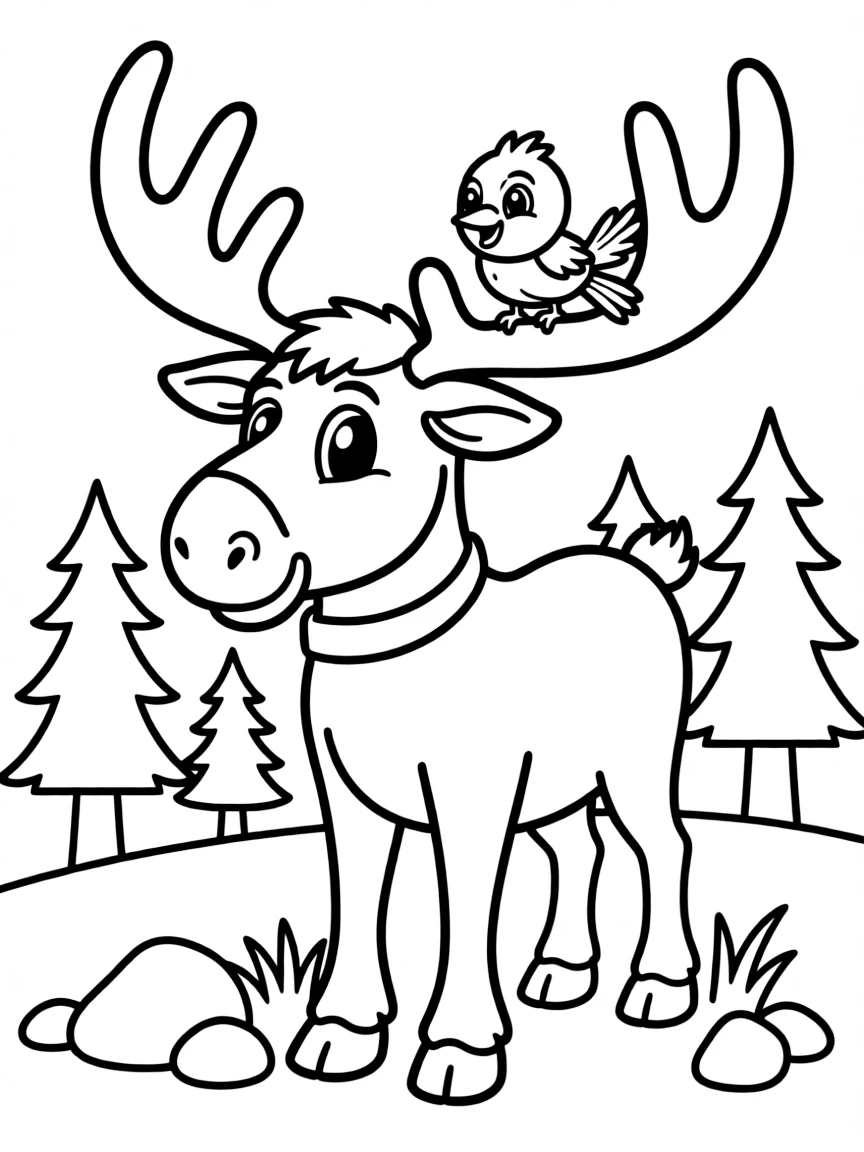 A friendly moose with a friendly bird on its antlers in New Hampshire.