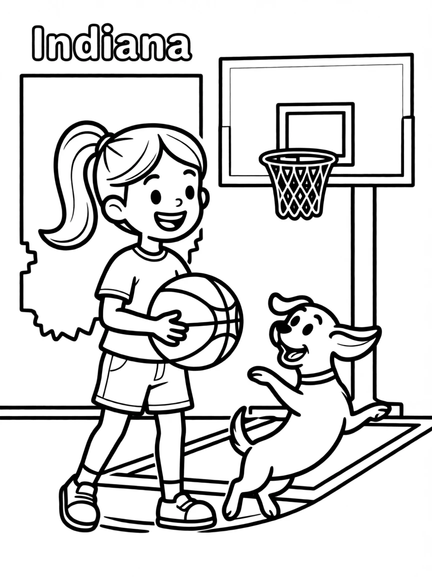 A cheerful little girl playing basketball with her dog in Indiana.