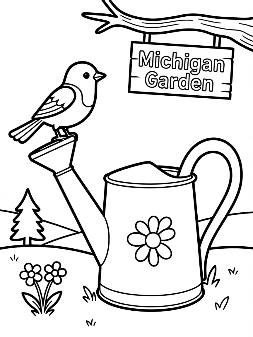 A friendly robin perched on a watering can in Michigan.