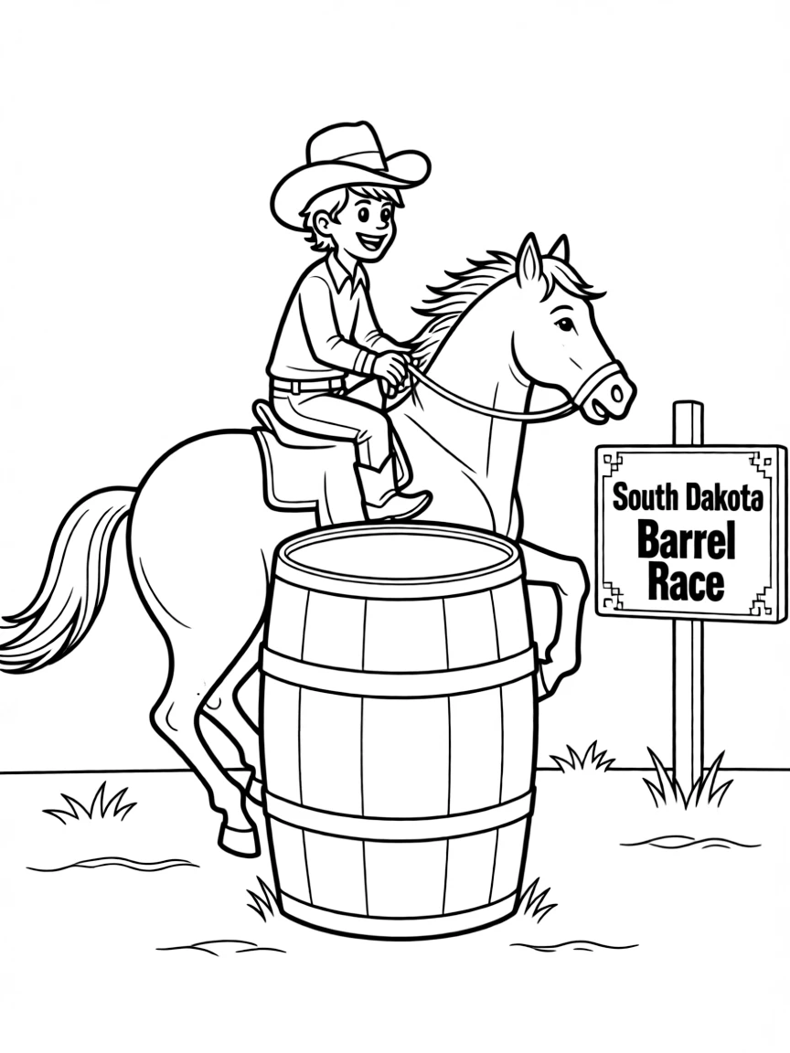 A tiny cowboy riding a horse in a barrel race in South Dakota.