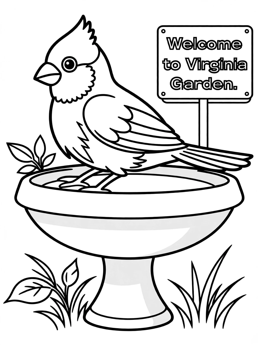 A cute cardinal singing on a birdbath in Virginia.