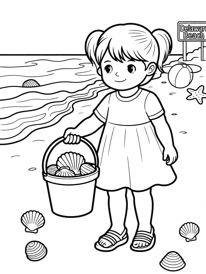 A little girl collecting shells in a bucket on the beach in Delaware.