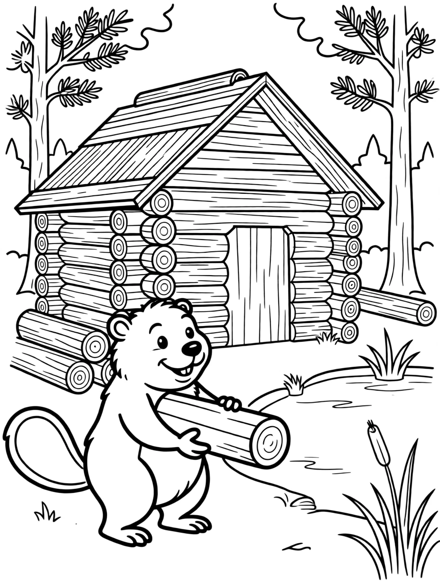 A happy beaver building a house with logs in Minnesota.