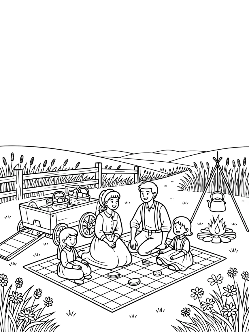 A brave pioneer family enjoying a picnic in Nebraska.