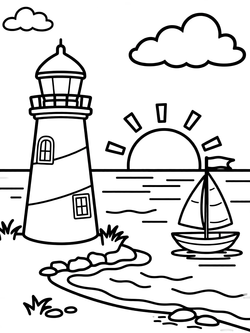 A cute little lighthouse with a boat sailing at sunset in Rhode Island.