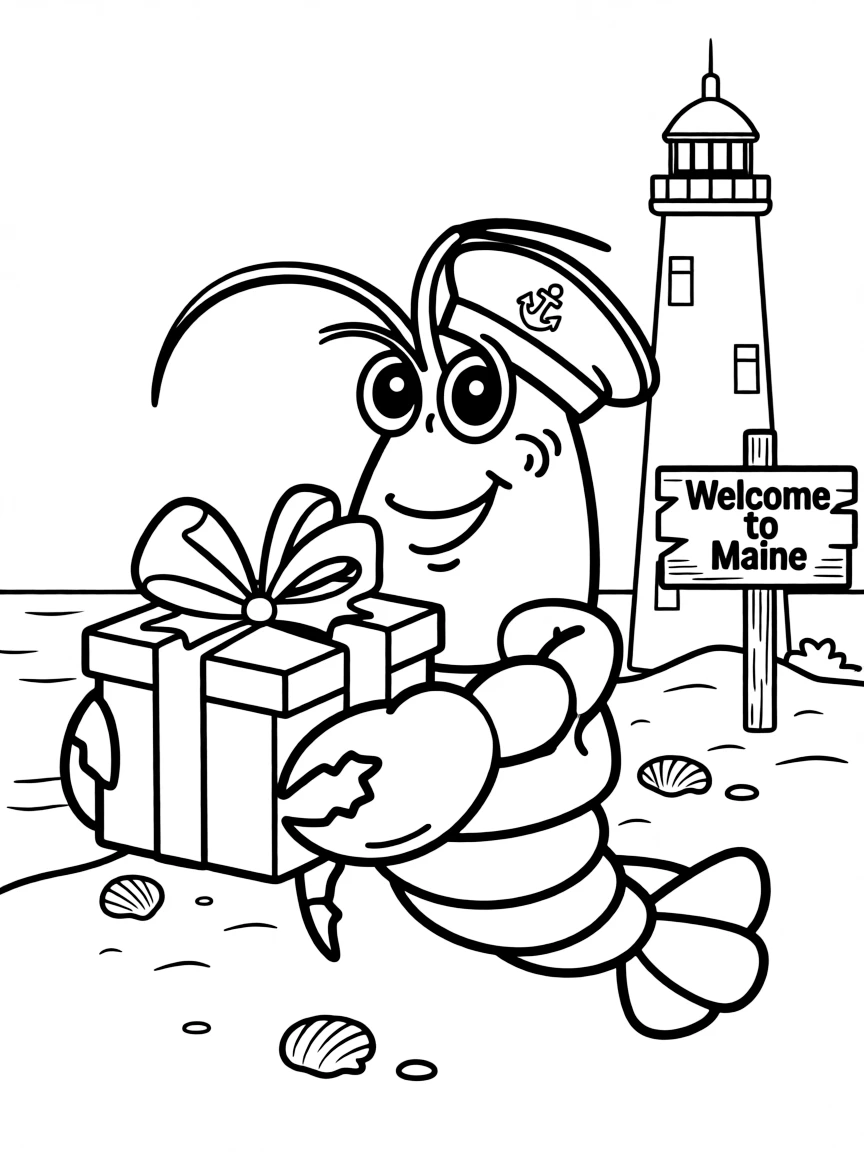A friendly lobster holding a gift in Maine.