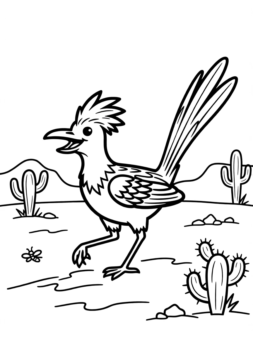 A smiling desert roadrunner chasing a bug in Arizona.