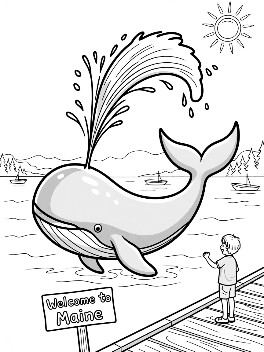 A playful whale spouting water high in the air in Maine.