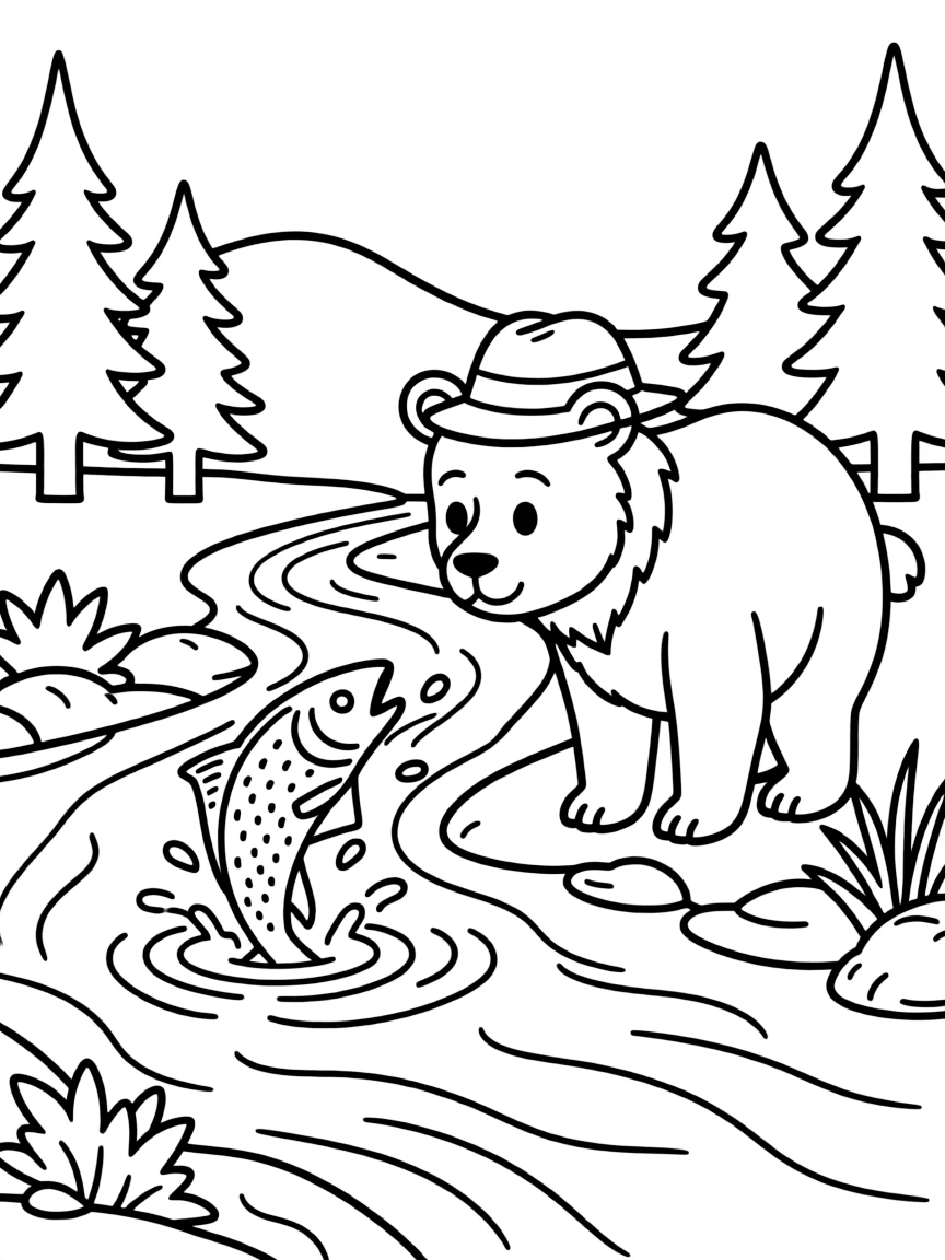 A curious bear fishing in a river with a salmon in Oregon.