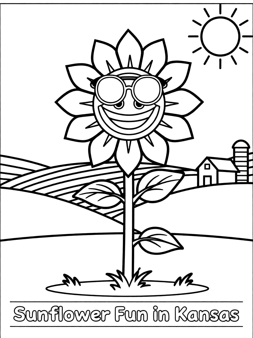A cheerful sunflower with a big smile and sunglasses in Kansas.
