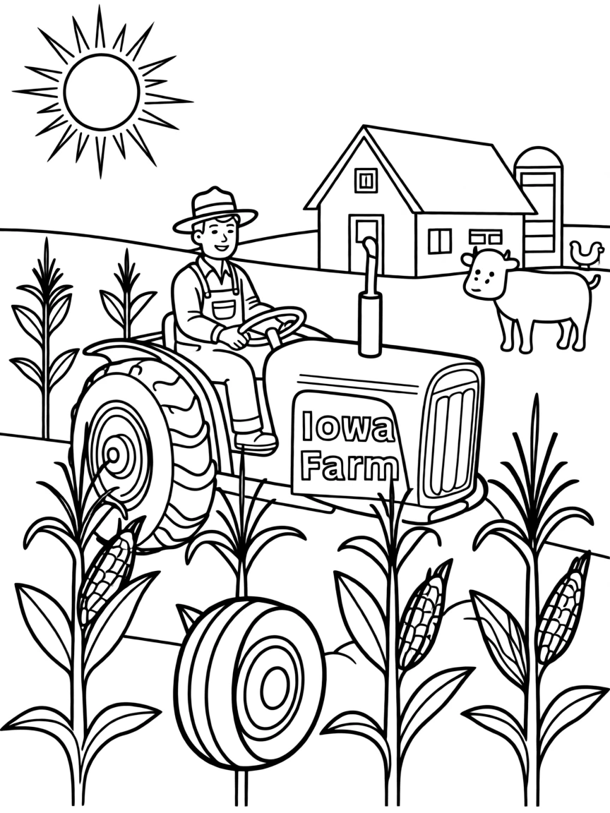 A busy farmer on a tractor in a field of corn in Iowa.