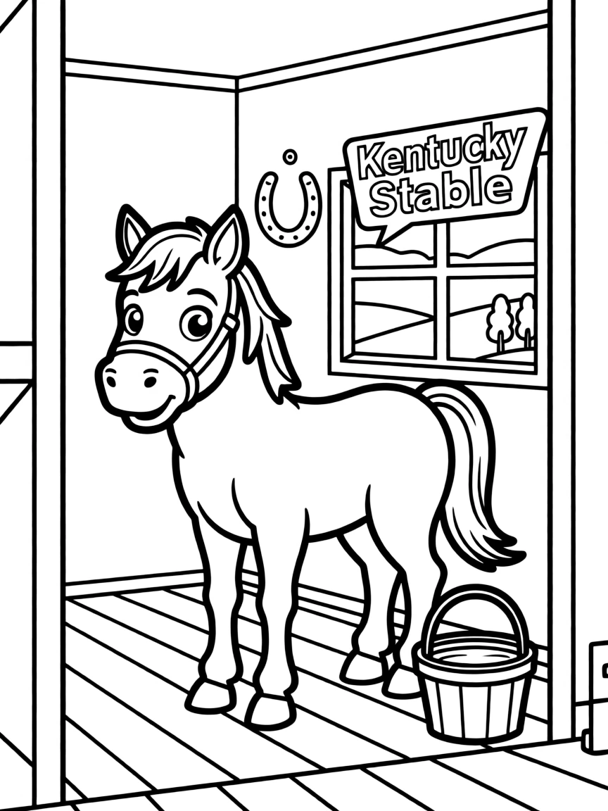 A happy horse in a stable with a friendly expression in Kentucky.