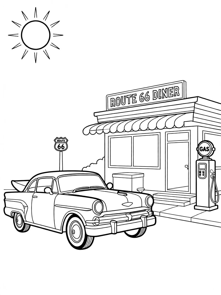 A cool vintage car parked next to a diner on Route 66 in Oklahoma.
