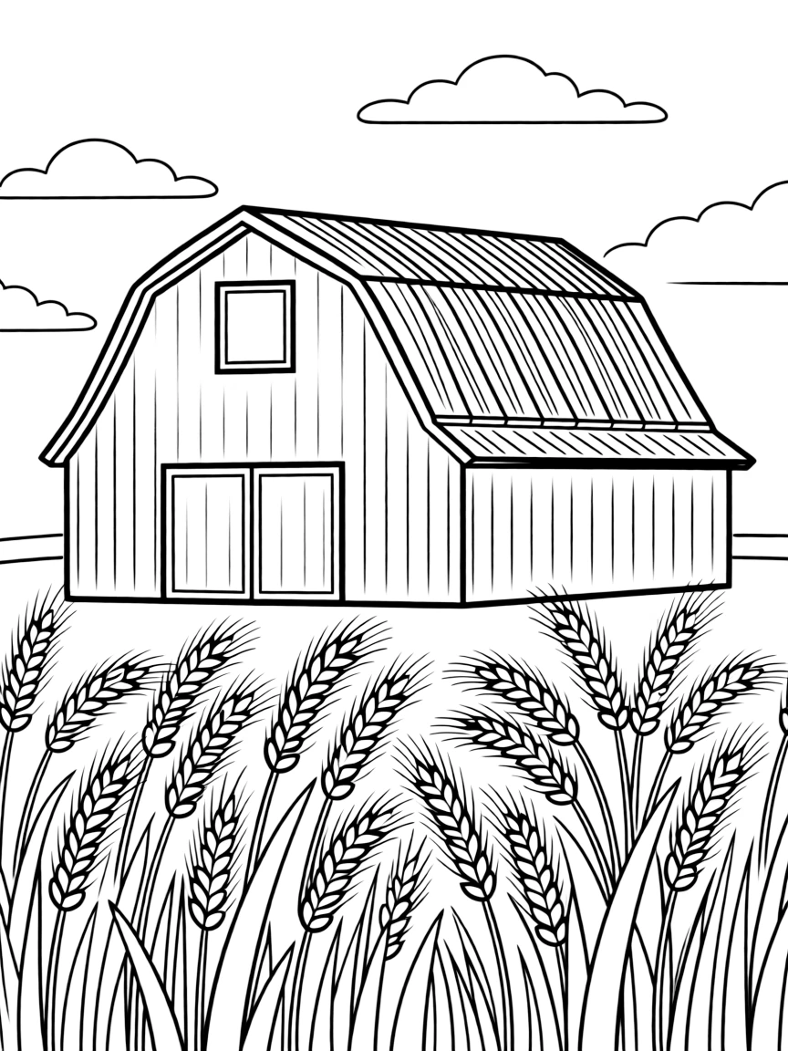 A smiling wheat field with a big red barn in North Dakota.