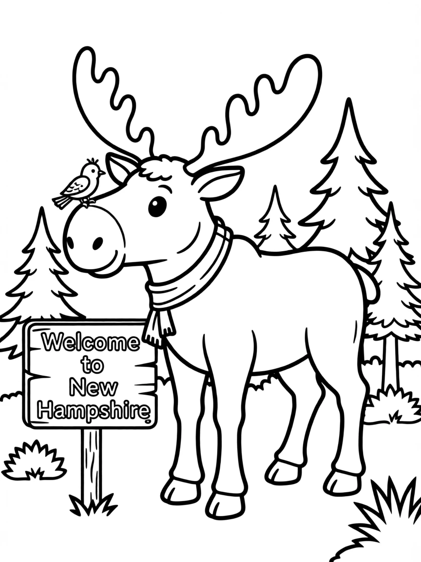 A friendly moose with a tiny bird on its nose in New Hampshire.