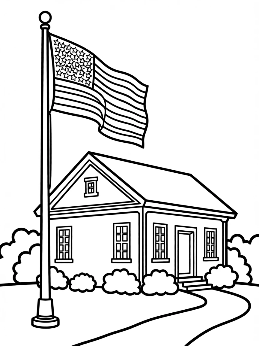 A little historical building with an American flag in Massachusetts.