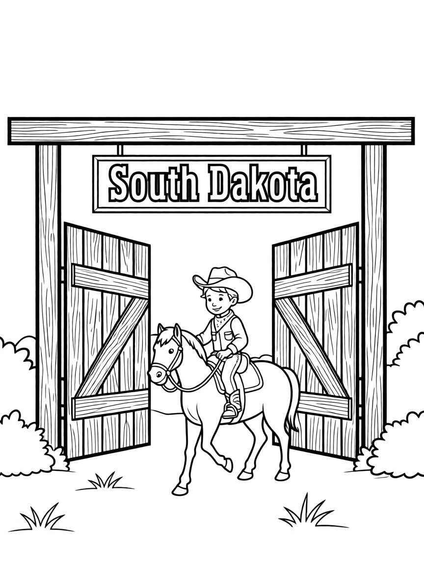 A tiny cowboy riding a horse through a gate in South Dakota.
