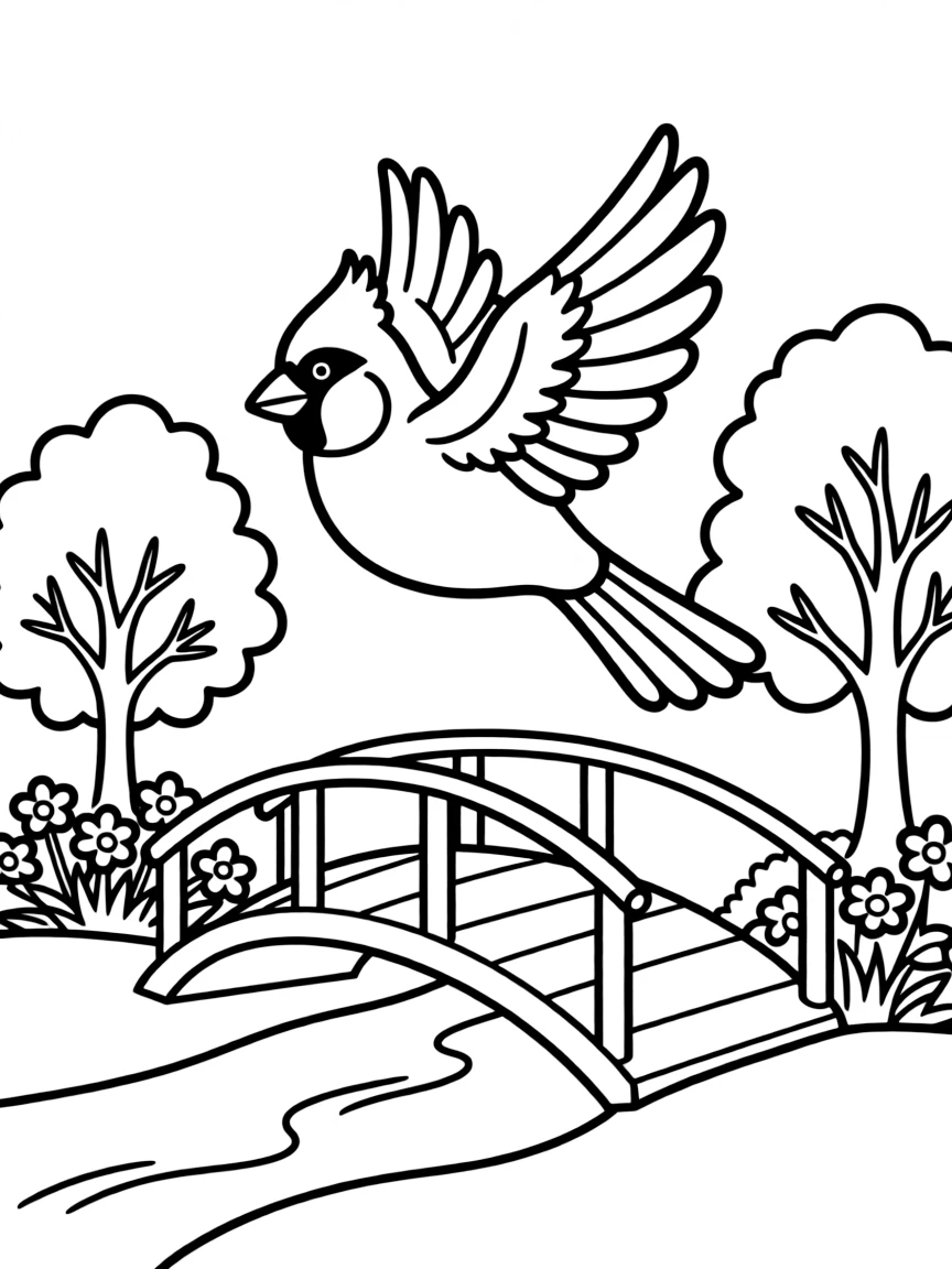 A cute cardinal flying over a bridge in Virginia.