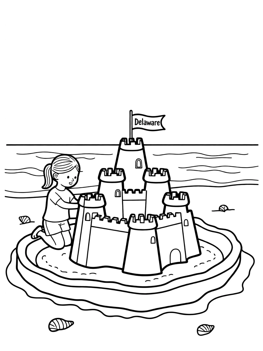 A little girl building a sandcastle with a flag and moat in Delaware.
